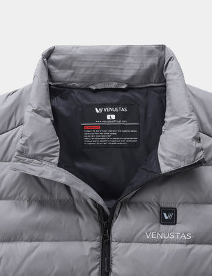 Open collar of gray heated vest showing the inner label and black lining