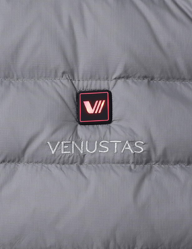 Gray heated vest chest detail with illuminated power button and embroidered logo