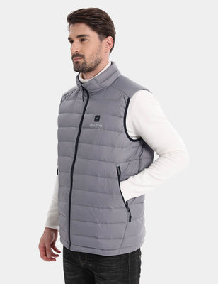 Side view of gray quilted heated vest showing black trim and zip pocket