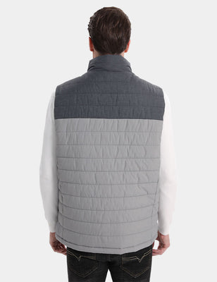 Back view of gray two-tone men's heated vest on model