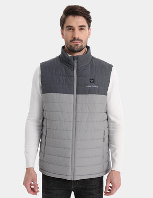 Gray two-tone men's heated vest shown from the front on model