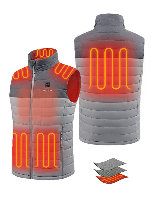 Gray men's heated vest showing front and back heating zones and layered fabric detail