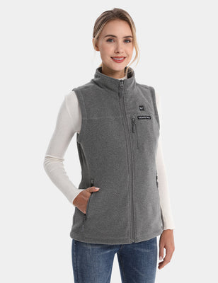 Grey fleece heated vest on model in three-quarter front view