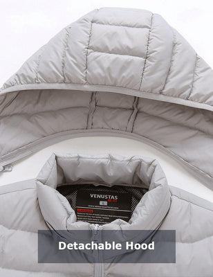Grey heated jacket with detachable hood shown at the collar