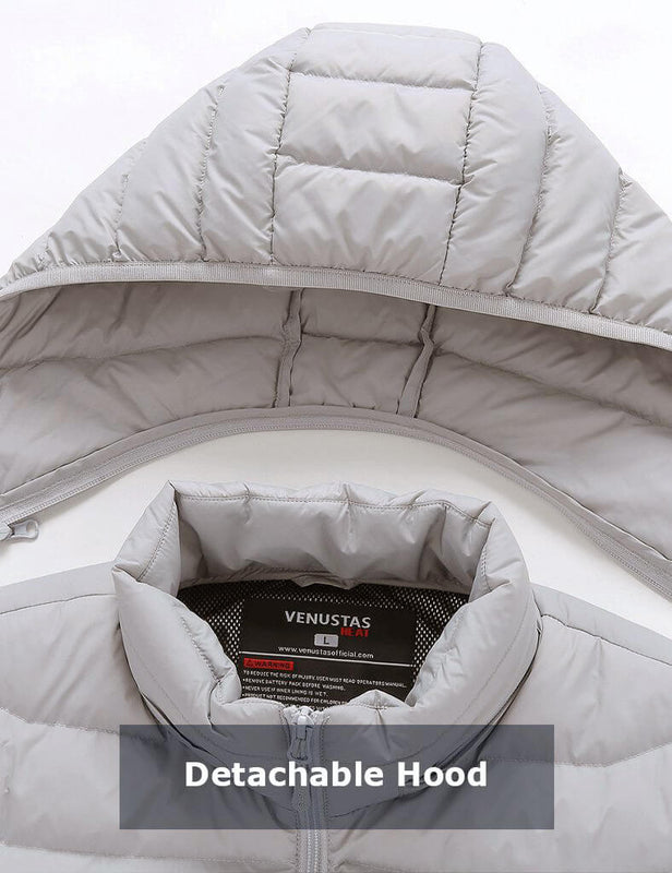 Grey heated jacket with detachable hood shown at the collar