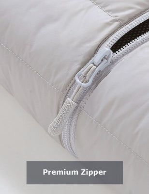 Close-up of the grey heated jacket zipper and quilted shell