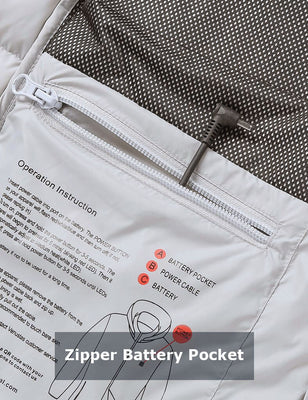 Inside view of the gray heated jacket showing the zipper battery pocket and power cable