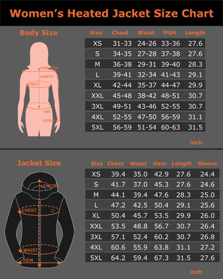 Women's Heated Jacket 7.4V & Women's Heated Vest 7.4V bundle by Venustas size chart on black silhouettes