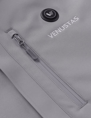 Men's Heated Jacket 7.4V - Navy/ Grey/ Silver Pine, M2168 Close-up Venustas heated jacket grey fabric with 7.4V control button and zip