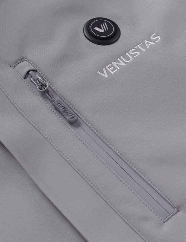 Men's Heated Jacket 7.4V - Navy/ Grey/ Silver Pine, M2168 Close-up Venustas heated jacket grey fabric with 7.4V control button and zip