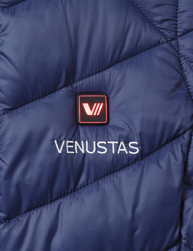 Women's Heated Long Quilted Vest 7.4V, W24L Venustas heated long quilted vest in navy with quilted panels and VII indicator