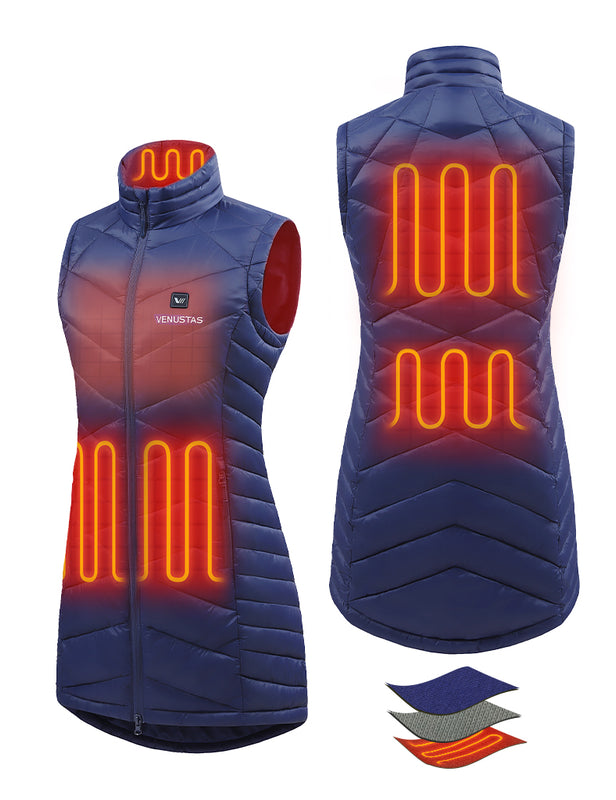 Women's Heated Long Quilted Vest 7.4V, W24L Venustas heated vest in navy with quilted insulation and glowing 7.4V panels