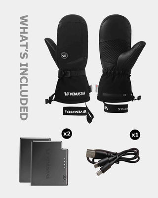Black heated mittens kit with two batteries and one USB charging cable