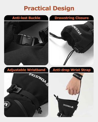 Heated mittens feature close-ups of buckle, drawstring closure, wristband, and wrist strap