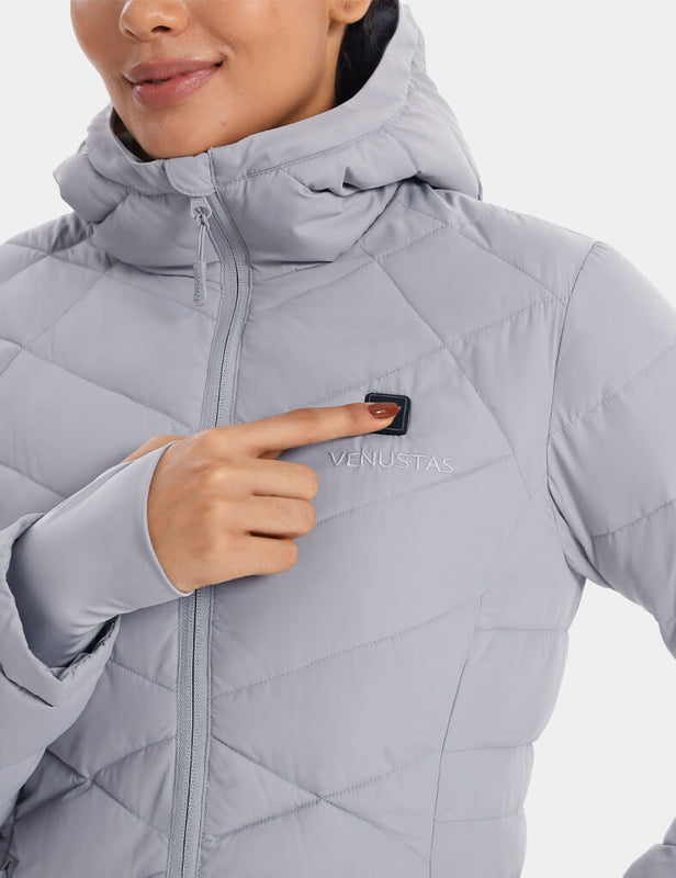 Women’s Heated Recycled Puffer Jacket 7.4V, EW68 by Venustas, grey heated puffer with 7.4V control panel