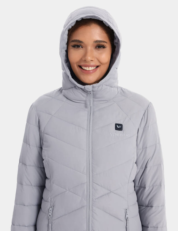 Women’s Heated Recycled Puffer Jacket 7.4V, EW68 Venustas grey hooded puffer jacket with 7.4V heating