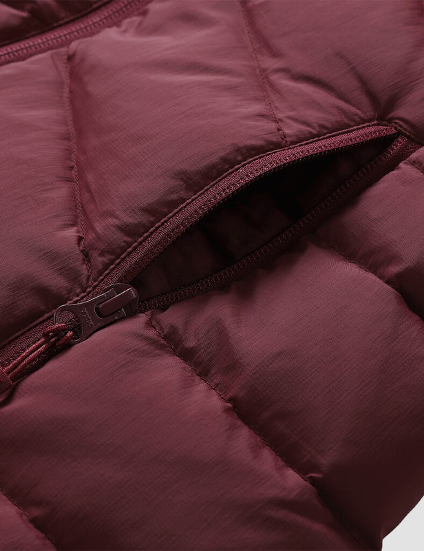 Heated Long Down Jacket 7.4V For Women, W62 Venustas quilted heated down jacket in burgundy with 7.4V heating zip