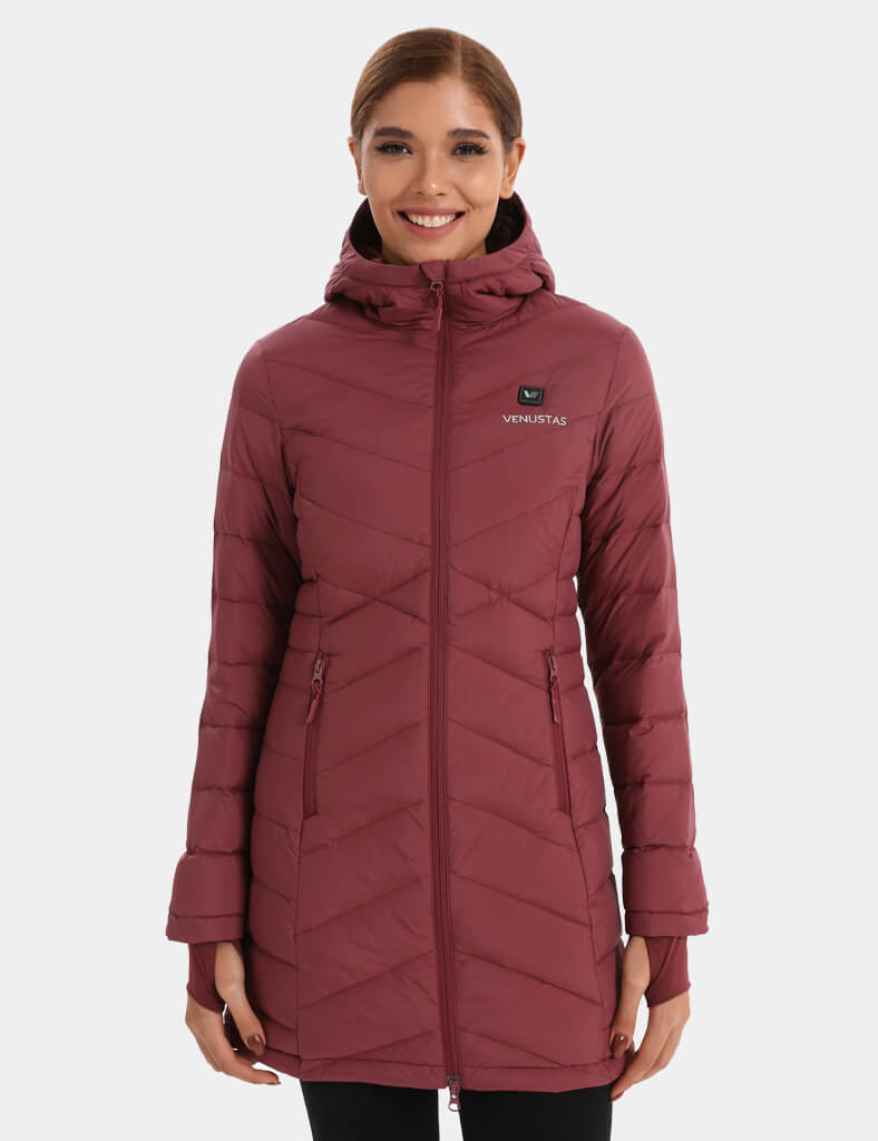 Burgundy long down jacket with hood shown from the front