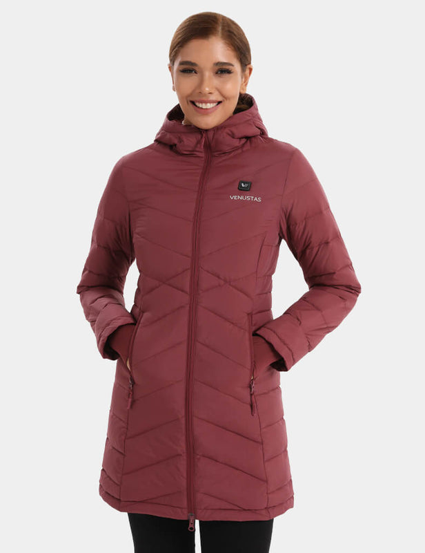 Heated Long Down Jacket 7.4V For Women, W62 Venustas quilted burgundy long down jacket with 7.4V heating