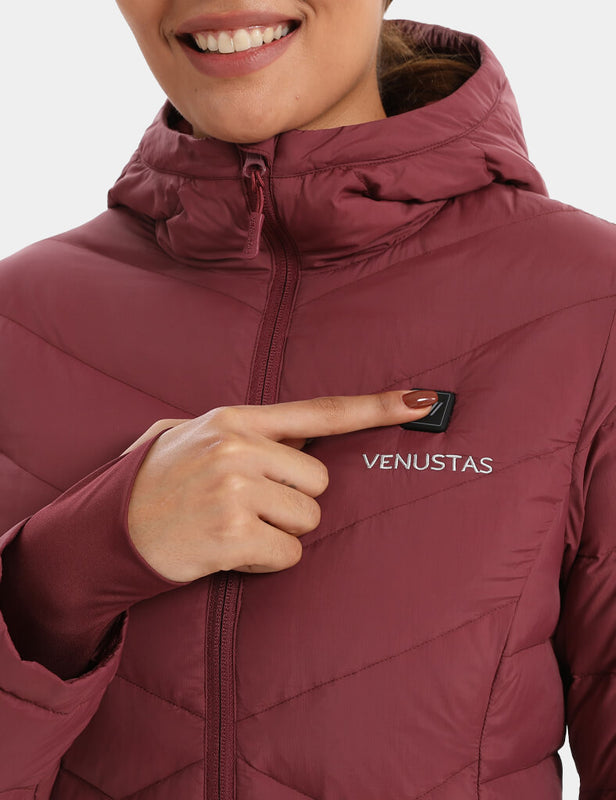 Heated Long Down Jacket 7.4V For Women, W62 by Venustas, burgundy quilted puffer with heated zip front