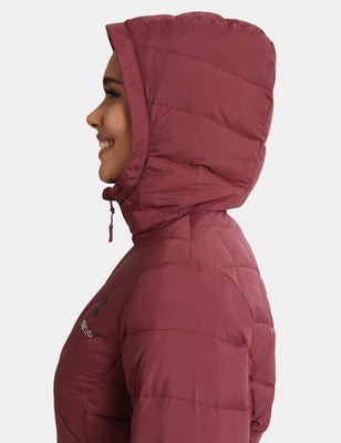 Heated Long Down Jacket 7.4V For Women, W62, hooded Venustas down jacket in burgundy with 7.4V heating