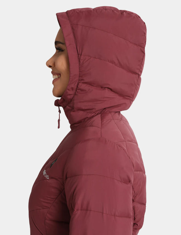 Heated Long Down Jacket 7.4V For Women, W62, hooded Venustas down jacket in burgundy with 7.4V heating