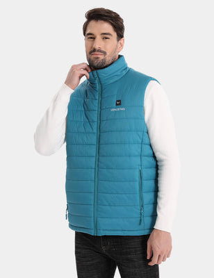 Men's teal quilted heated vest shown at a slight angle with high collar