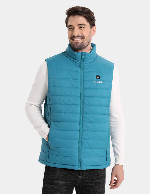 Men's teal quilted heated vest worn front-facing over a white sweater