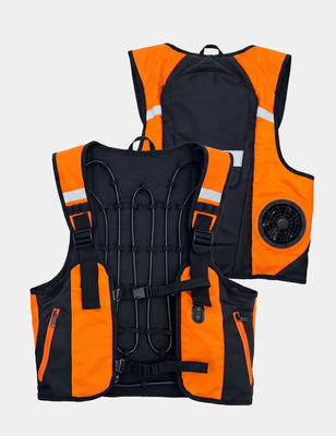 Orange and black cooling vest with front tubing, shoulder straps, back panel, fan, and reflective strips