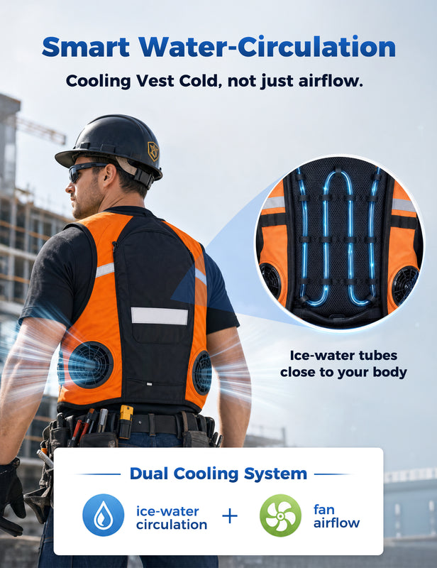 Orange cooling vest on worker with visible fans and ice-water tube inset
