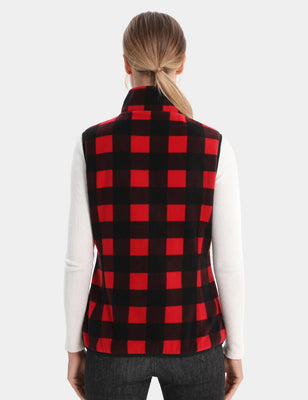 Back view of a red and black plaid heated fleece vest
