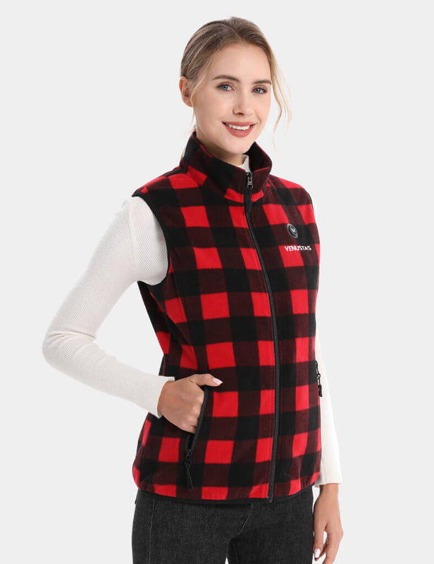 Red and black plaid heated fleece vest shown from a front angle