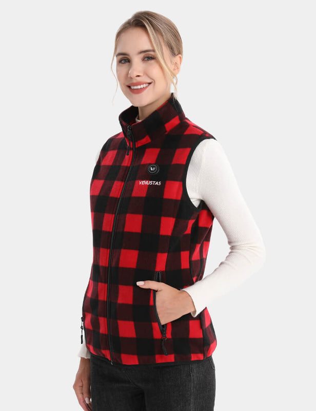Red and black plaid heated fleece vest with zip front and side pockets