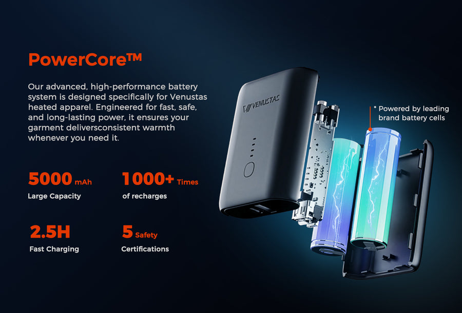 Venustas PowerCore™ rechargeable battery with certified safety protection, stable power output, and extended heating performance.