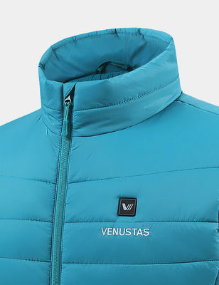 Teal heated vest collar and chest logo detail with front zipper
