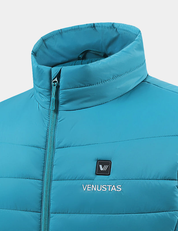 Teal heated vest collar and chest logo detail with front zipper