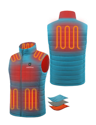 Teal heated vest diagram showing front and back heating zones