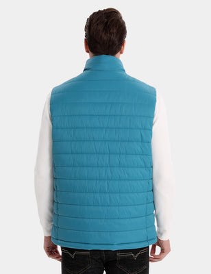 Back view of a man wearing a teal quilted heated vest