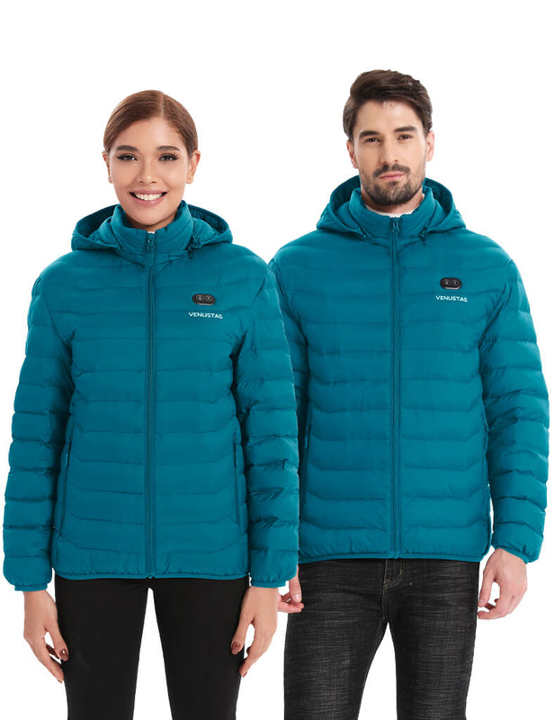 Heated Jacket With Dual Control Button 7.4V For Unisex, U9001 by Venustas teal puffer jacket with 7.4V dual control.