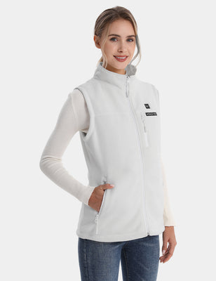 Angled front view of a white fleece heated vest with zip pockets