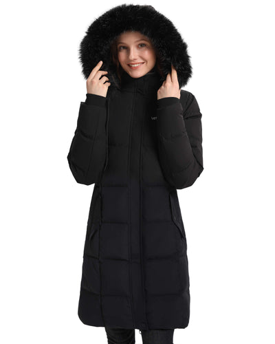 Women's Long Hooded Down Parka with Detachable Hood - Balck