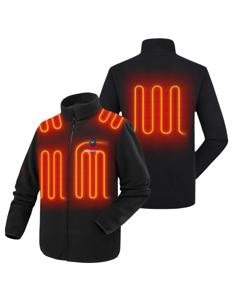 Black zip-up heated fleece jacket showing front and back heating zones